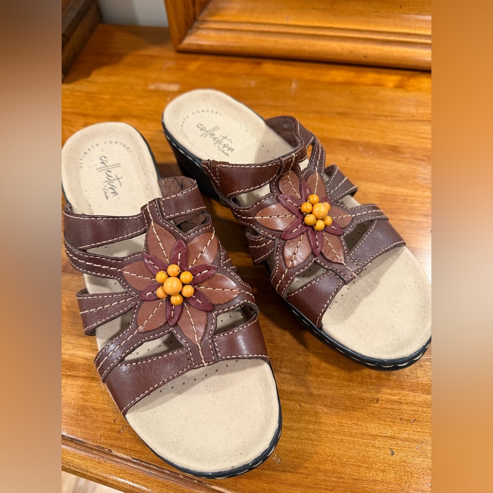 Clarks Brown Mules with Orange Floral Design